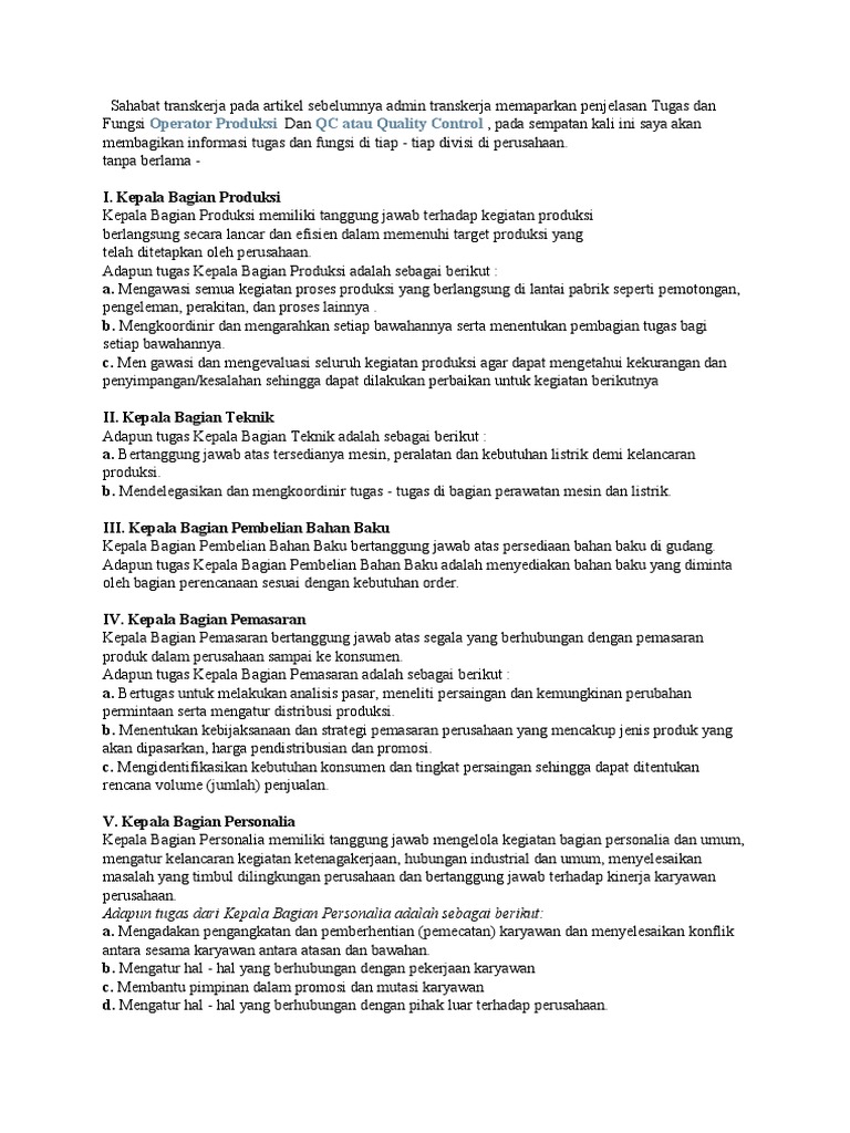 Tugas Dan Fungsi Kepala Bagian | PDF