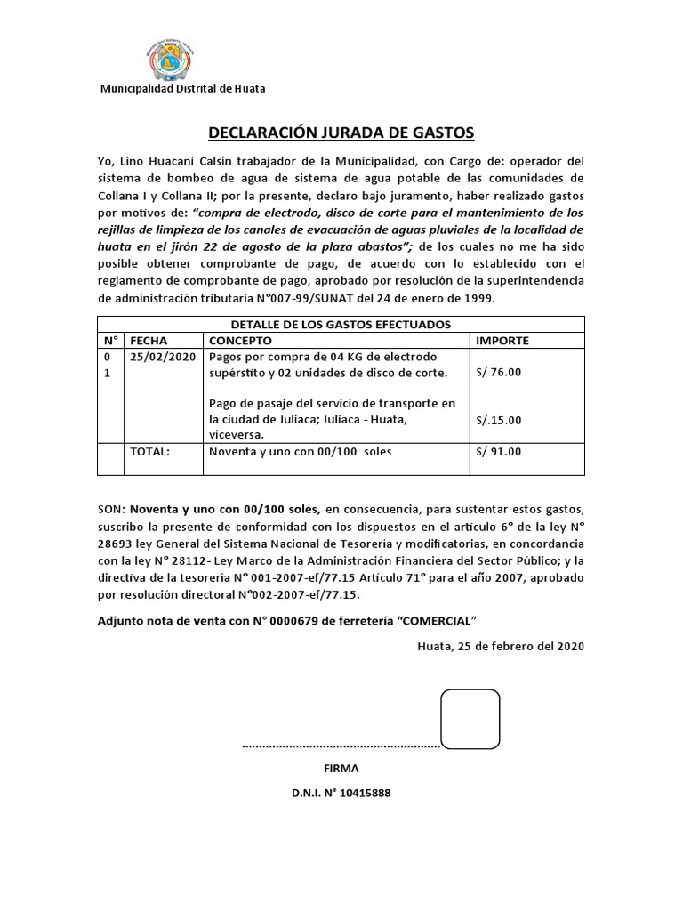 Declaración Jurada de Gastos Lino | PDF