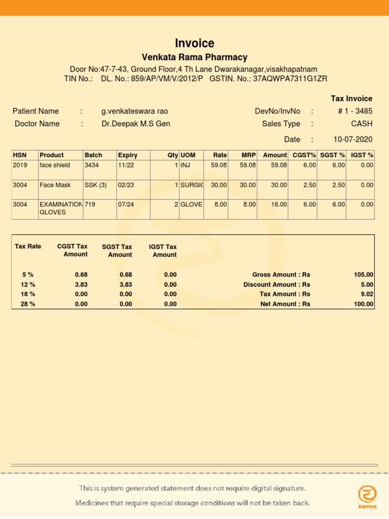 Invoice: Venkata Rama Pharmacy | PDF