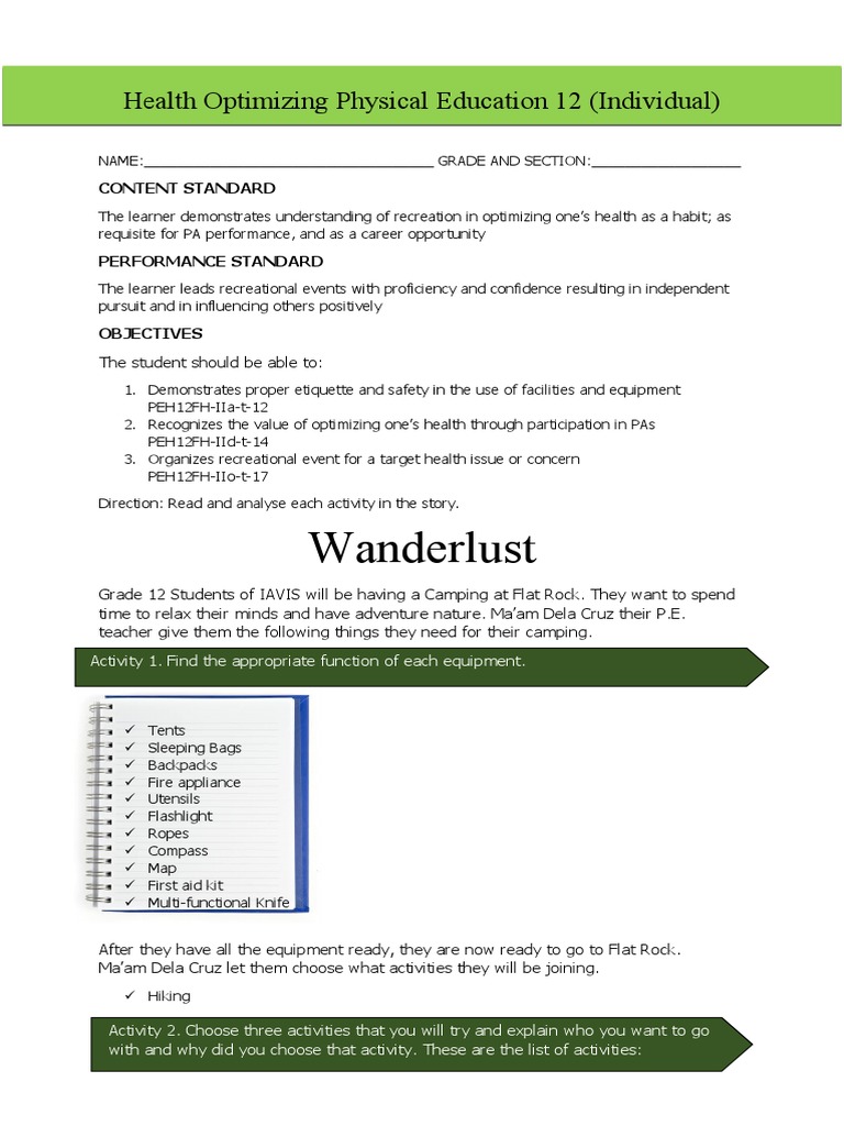 Grade 12 Health Optimizing PE Guide | PDF | Tent | Equipment
