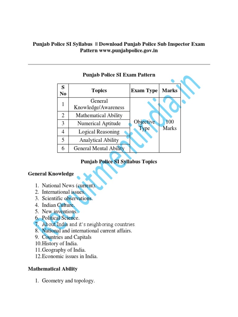 Punjab Police Si Syllabus Download Punjab Police Sub Inspector Exam