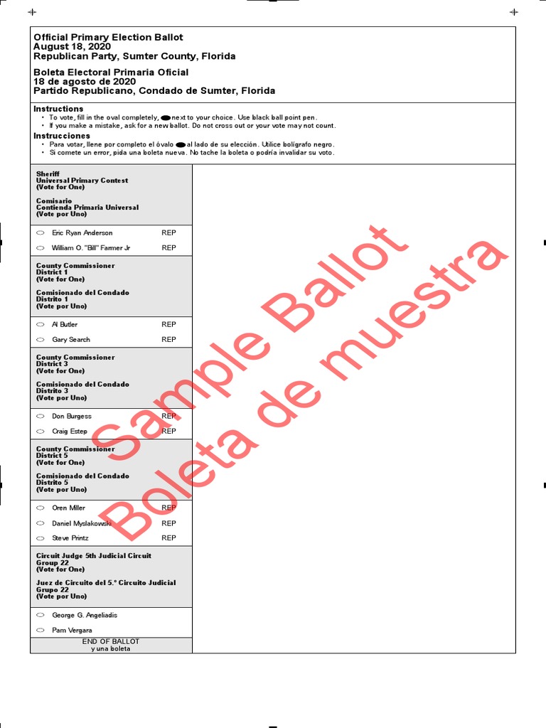 Sumter County Sample Ballots 2020 Primary PDF Elections Voting