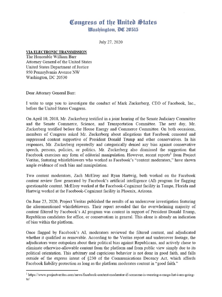Gaetz Letter To AG Barr | PDF
