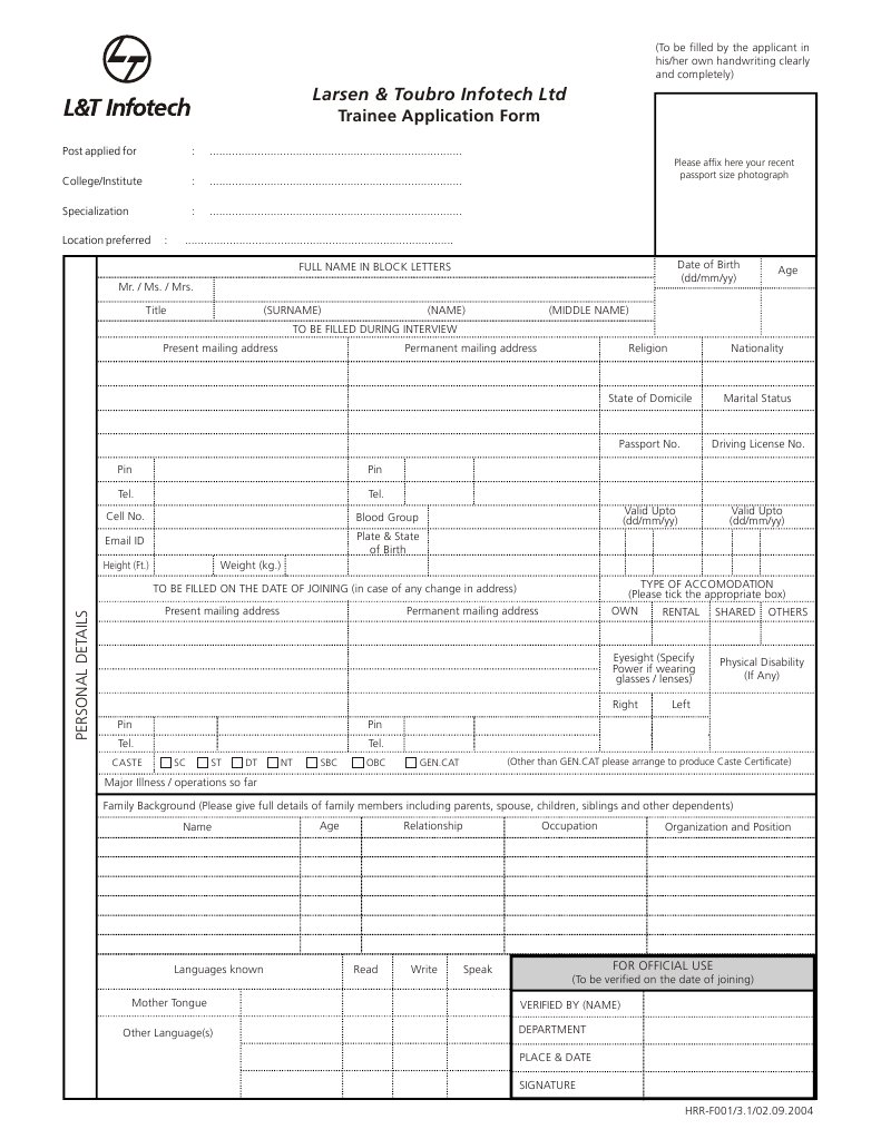 L&T Trainee Application Form | PDF