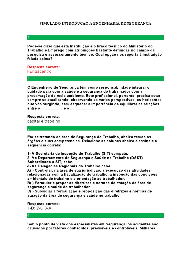 Simulado de Introdução à Segurança do Trabalho | PDF | Engenharia | Bem ...