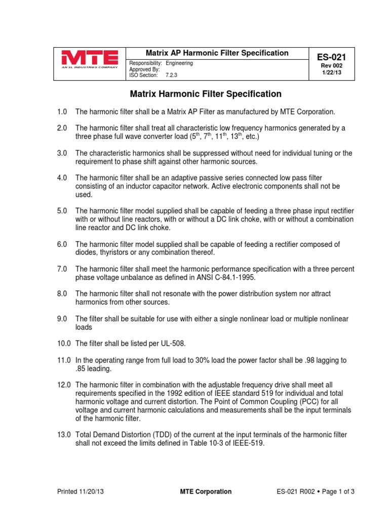 Matrix AP Harmonic Filter Specification Responsibility Engineering