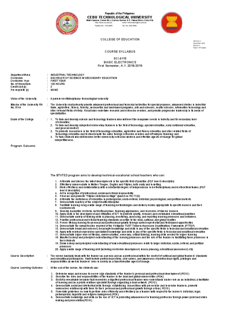 Basic Electronics Course Syllabus | PDF | Teachers | Curriculum