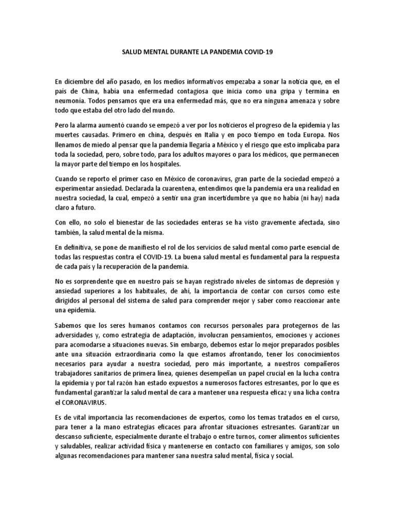 Salud Mental en la Pandemia COVID-19 | PDF | Salud mental | Ansiedad