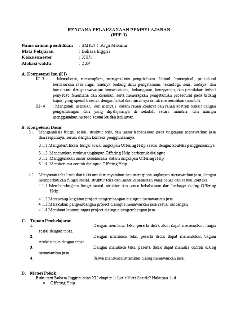 Rpp Bhs Inggris Kls Xii Kd 3 1