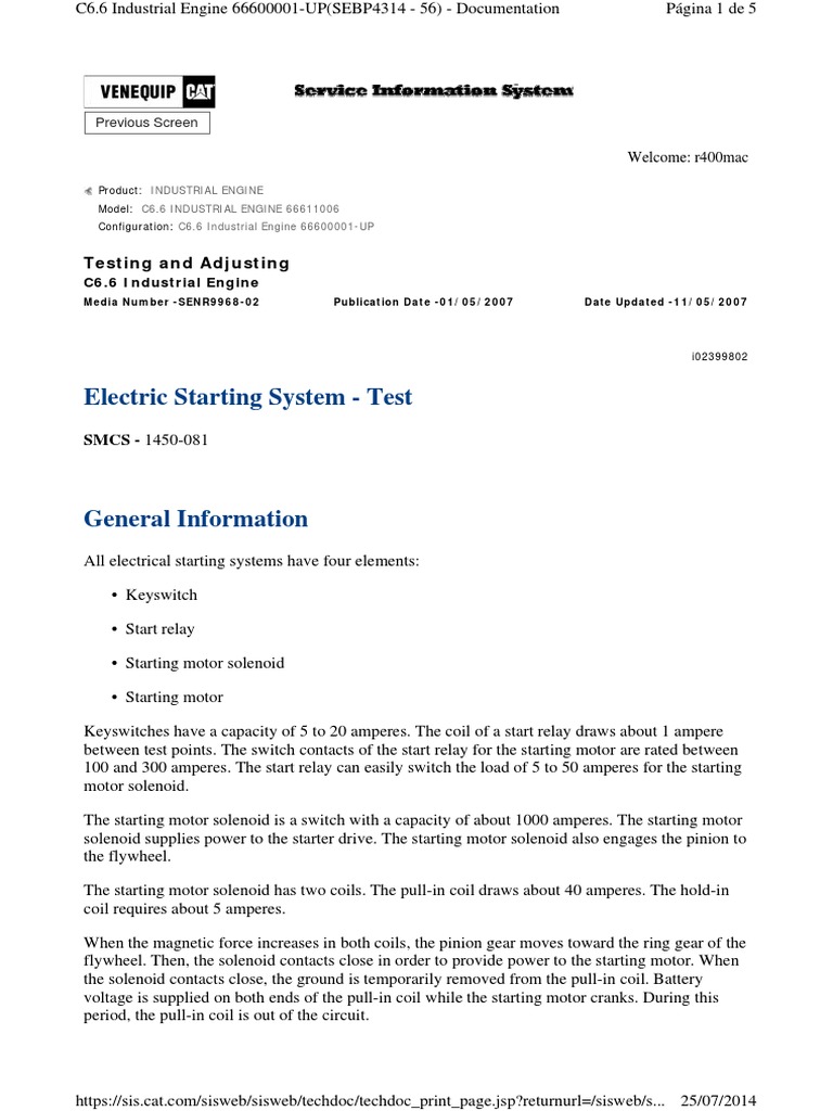 Electric Starting System - Test: Testing and Adjusting | PDF | Relay ...