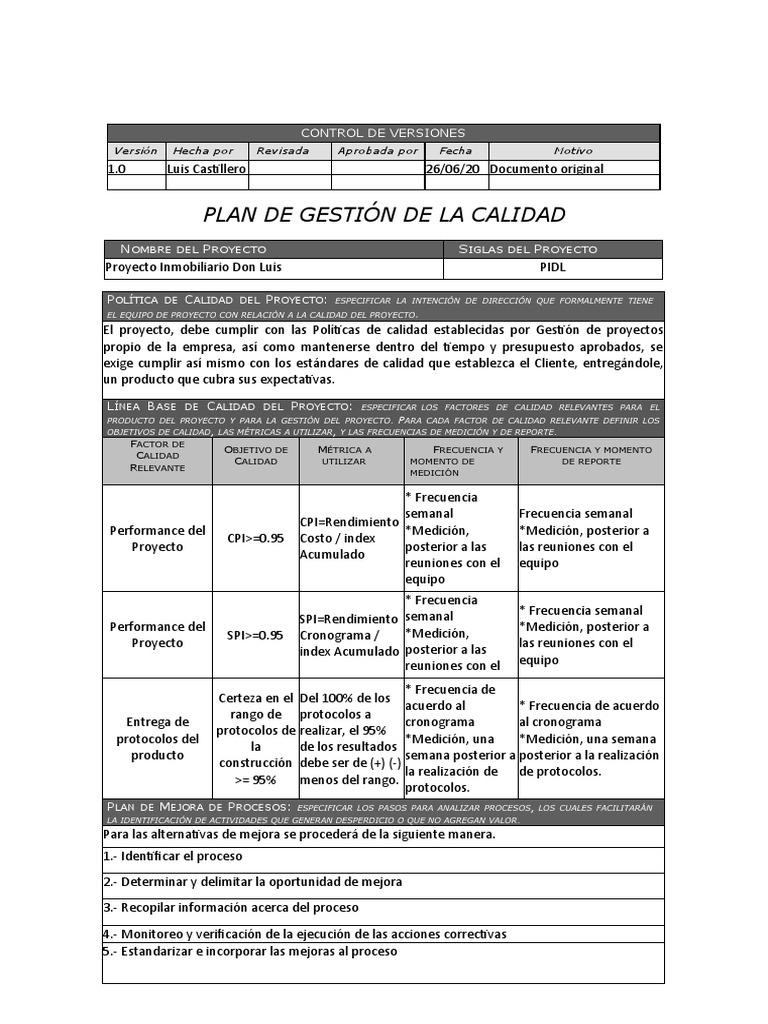 Plan De Gestión De La Calidad Pdf Gestión De Proyectos Gestión De