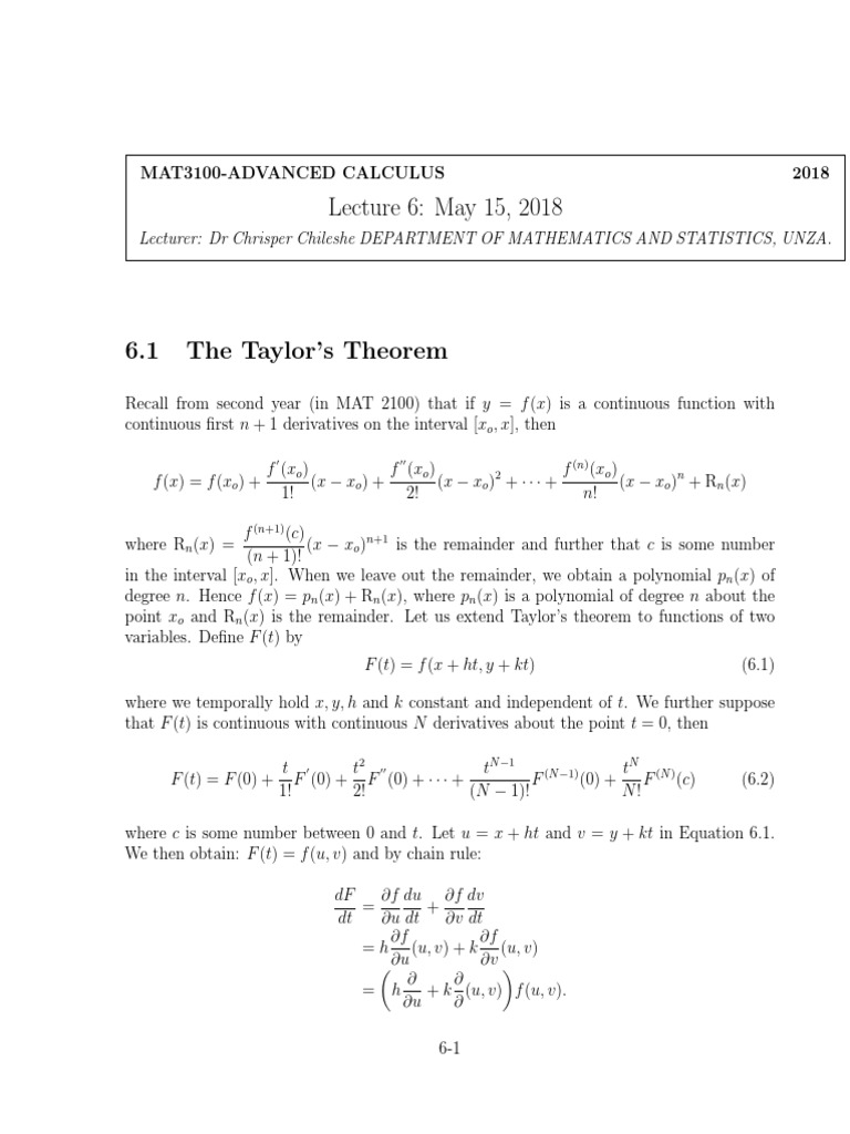 Mat3100 Lecture Notes 6 2018 PDF | PDF | Gradient | Derivative