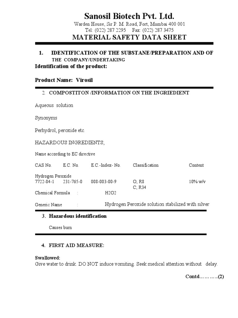 Virosil Composition and Safety Data | PDF | Hydrogen Peroxide | Water