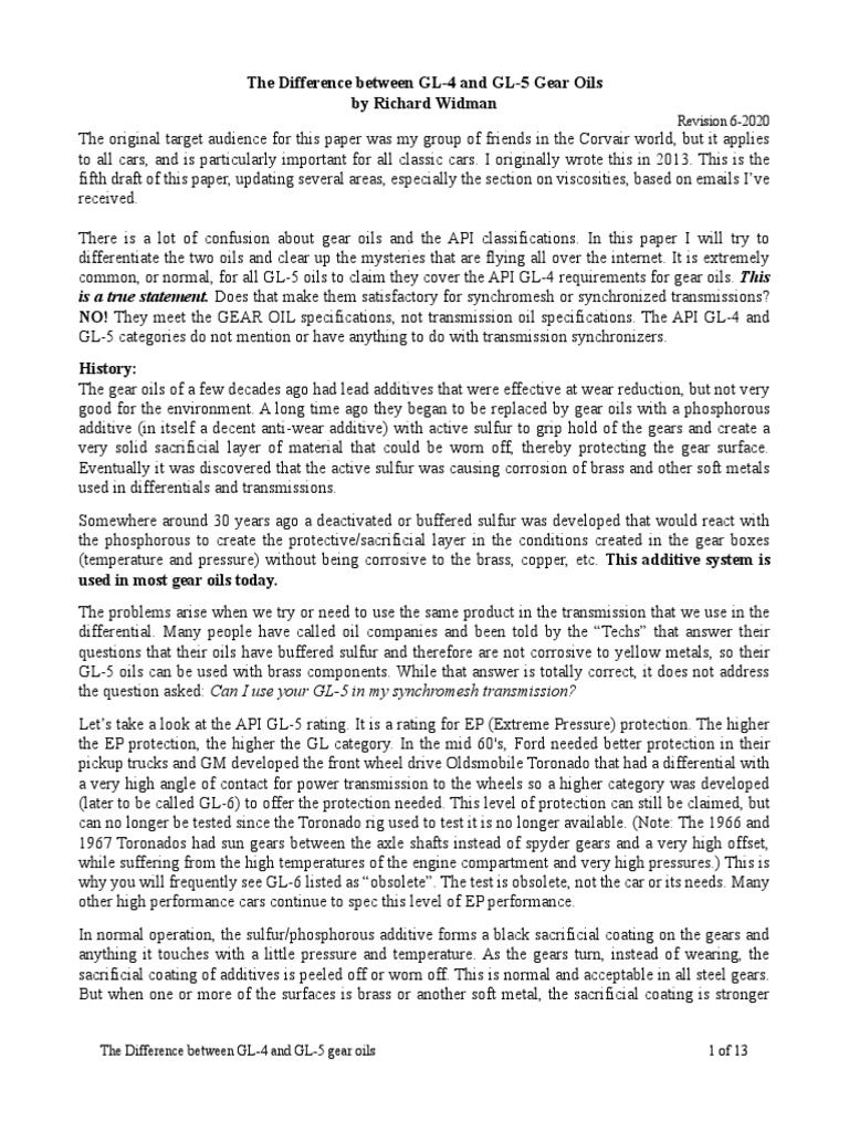 The Difference Between GL4 and GL5 Gear Oils by Richard Widman PDF