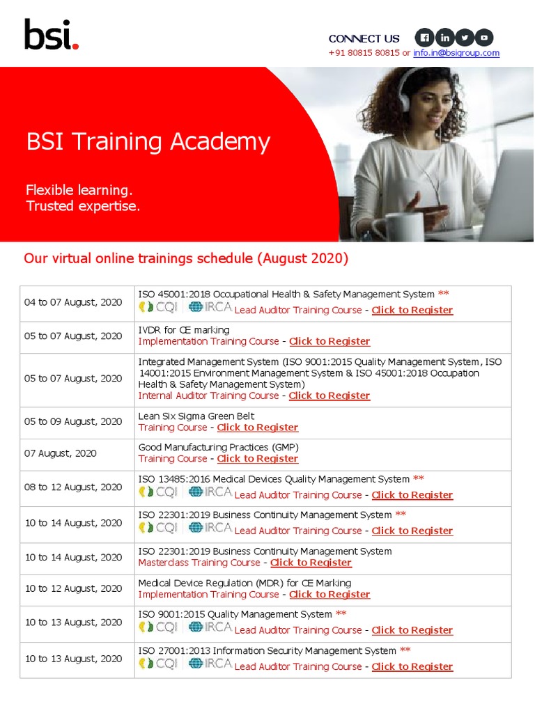 Bsi India Virtual Online Training Schedule August 2020 PDF Quality