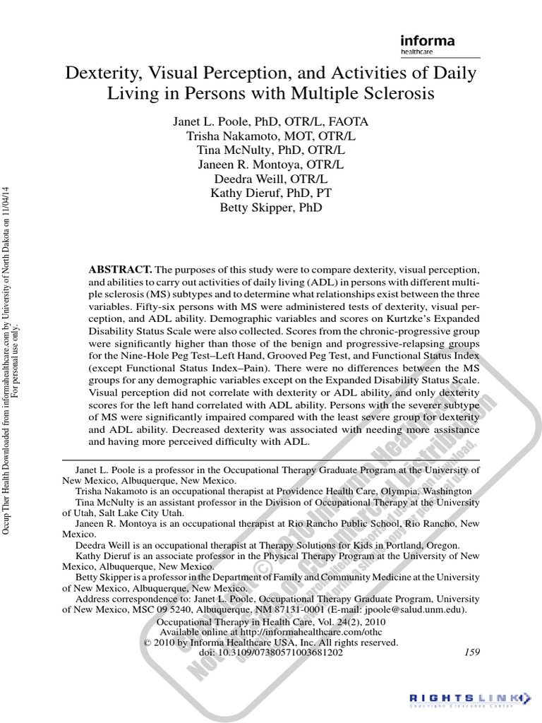 Dexterity, Visual Perception, and Activities of Daily Living in Persons ...