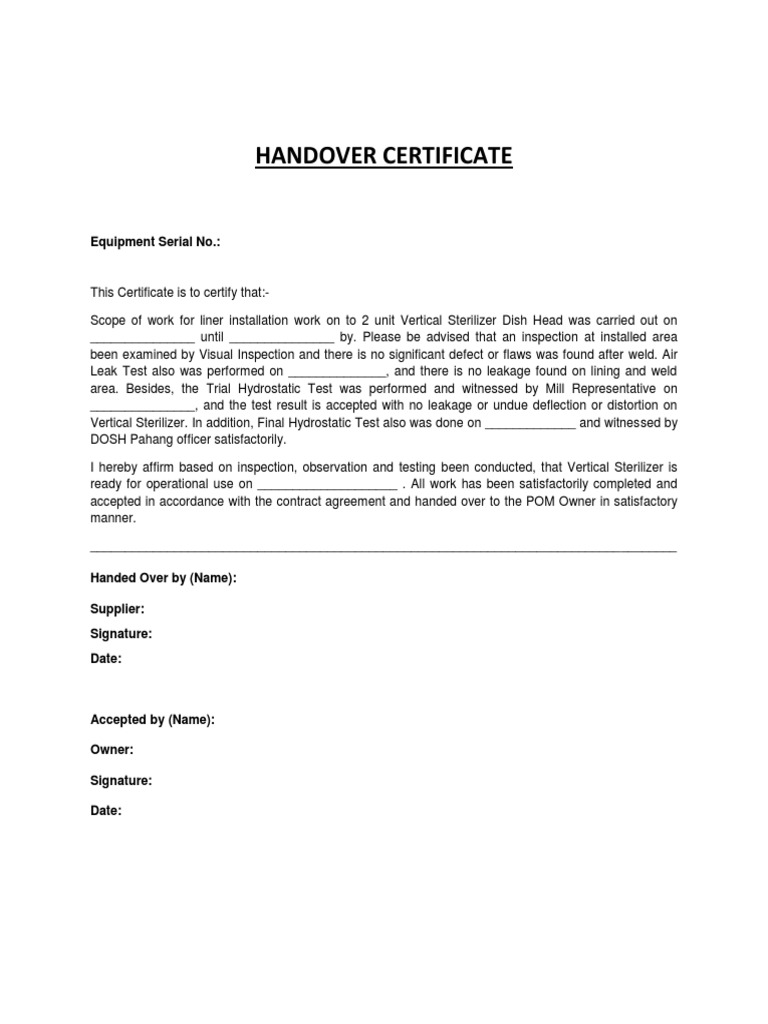 Equipment Handover Certificate | PDF