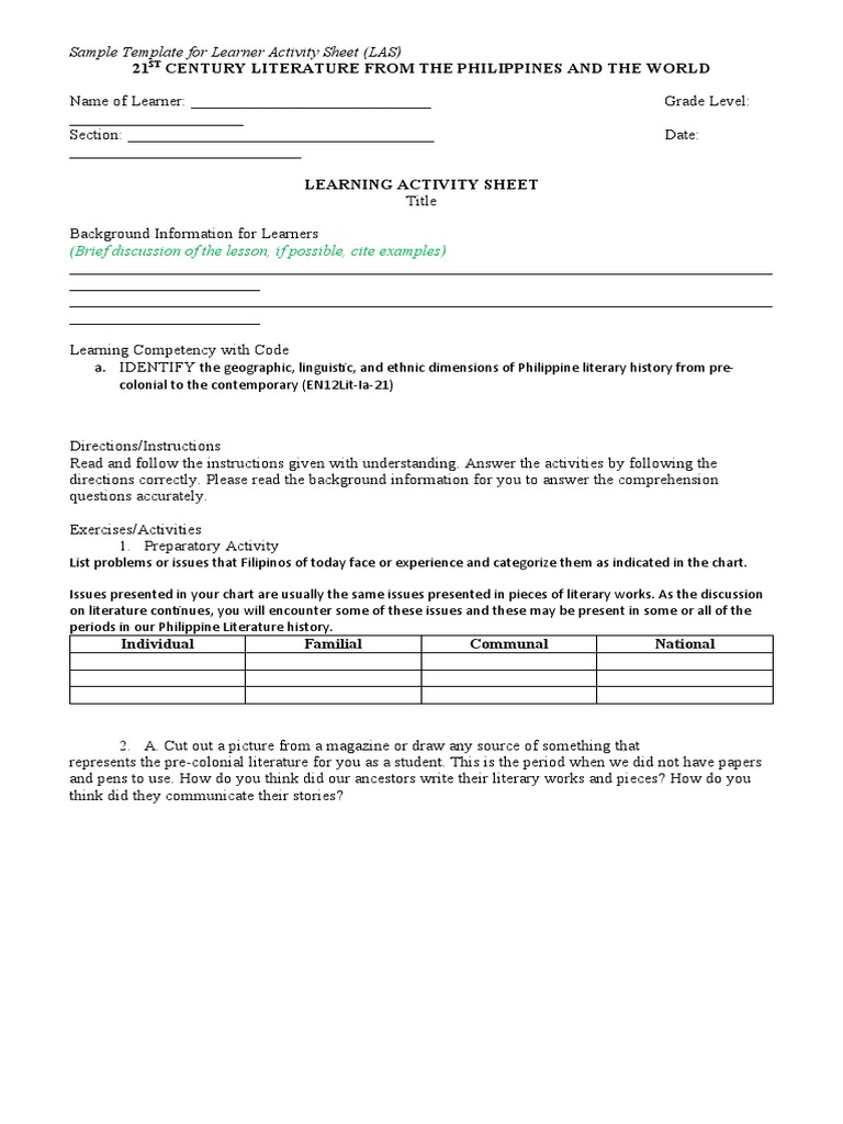Sample Template For Learner Activity Sheet (LAS) - English | Download