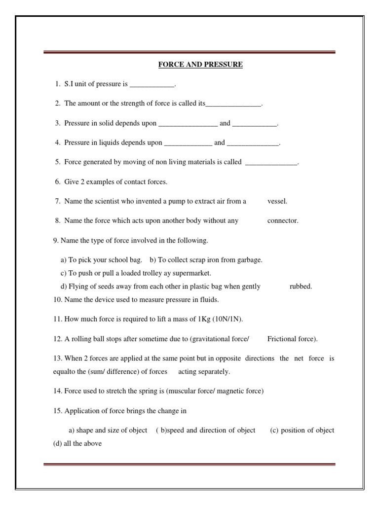 Class 8 Force and Pressure Worksheet | PDF