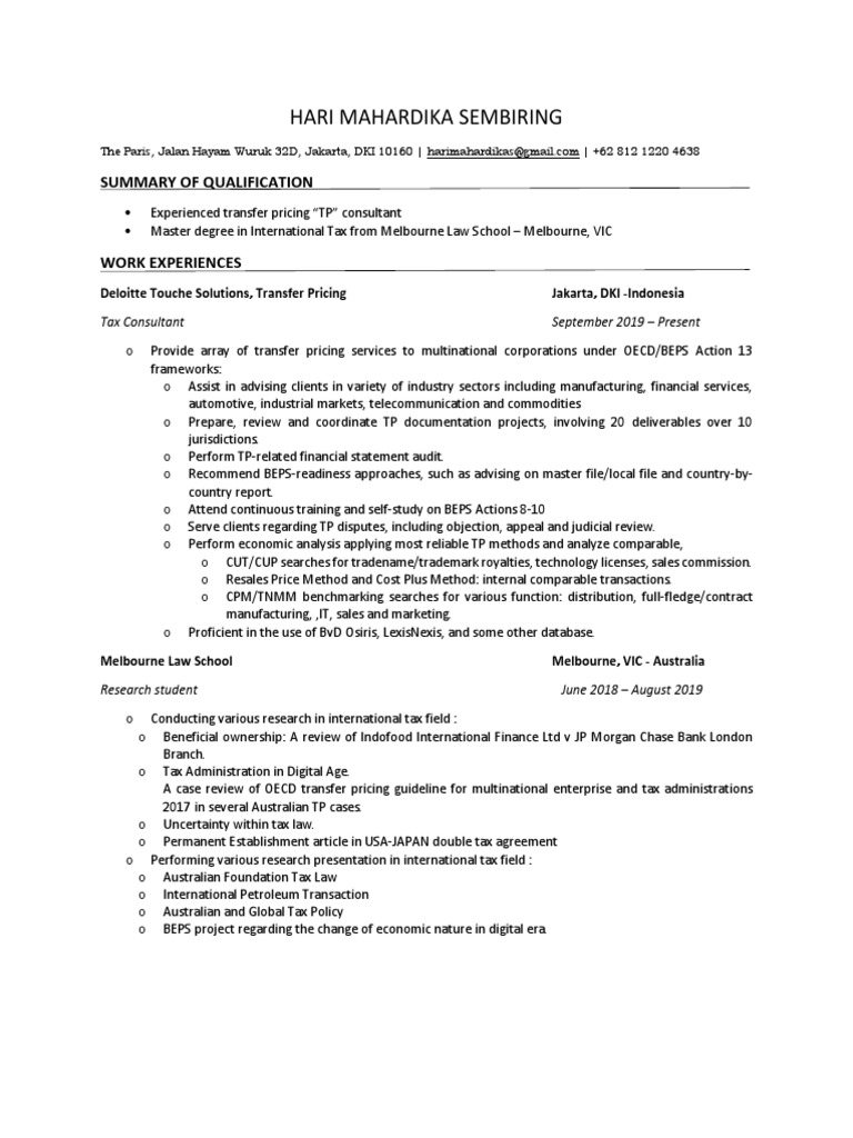 Transfer Pricing Consultant Profile | PDF | Taxes | Government