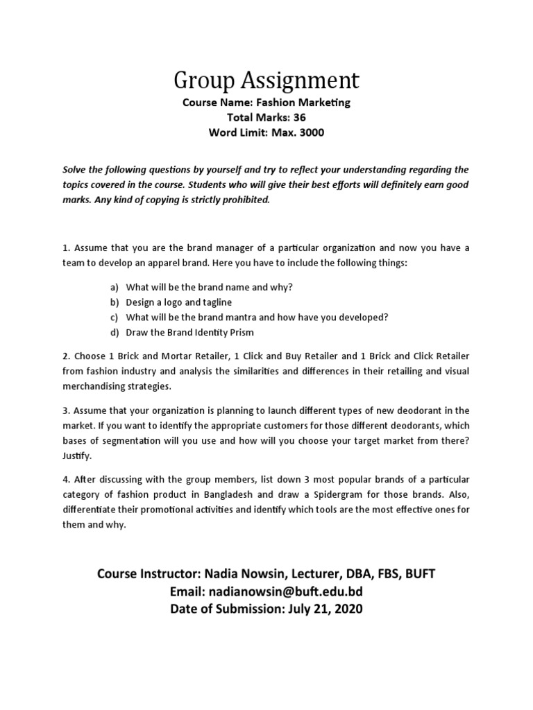 Group Assignment: Course Name: Fashion Marketing Total Marks: 36 Word ...