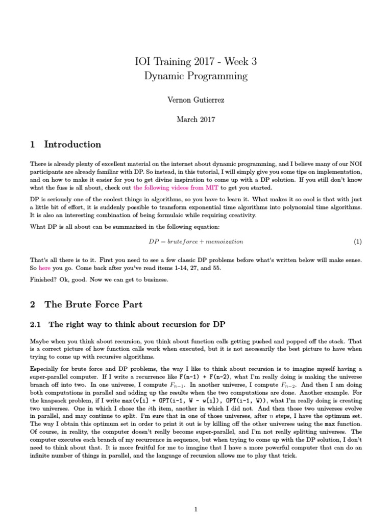 IOI Training 2017 - Week 3 Dynamic Programming: Vernon Gutierrez March ...