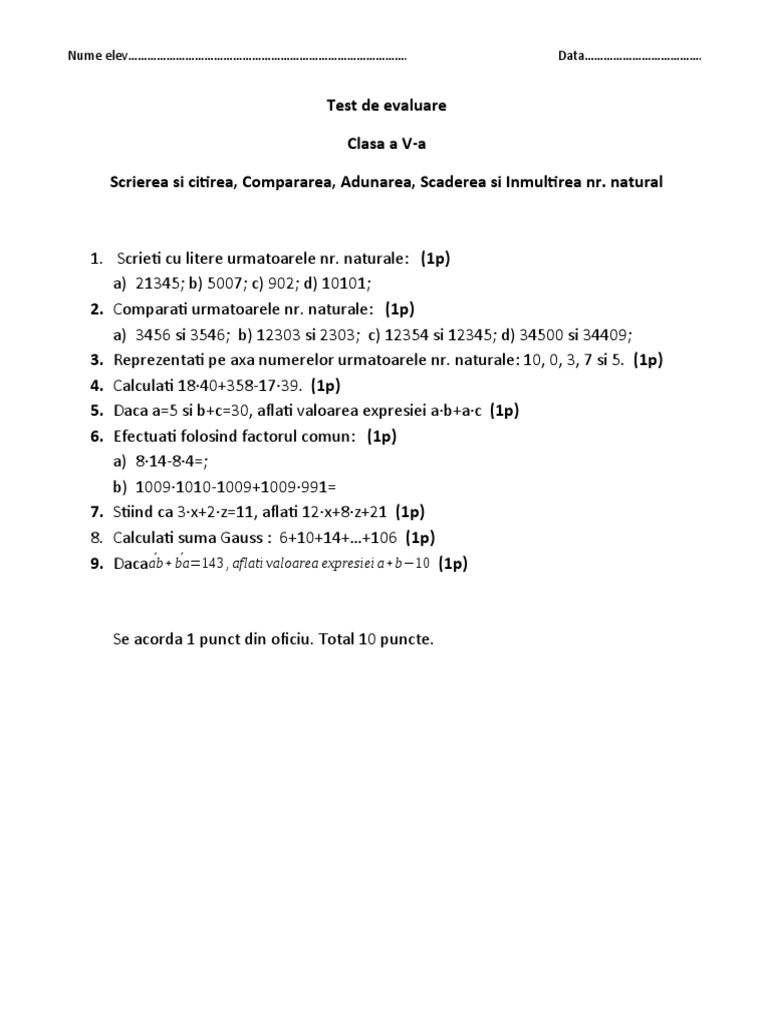 Test de Evaluare - Operatii Pana La Inmultire, Comparari Si ...