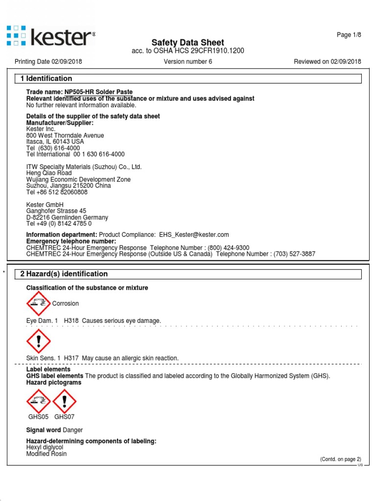 Safety Data Sheet: 1 Identification | PDF | Dangerous Goods | Working ...