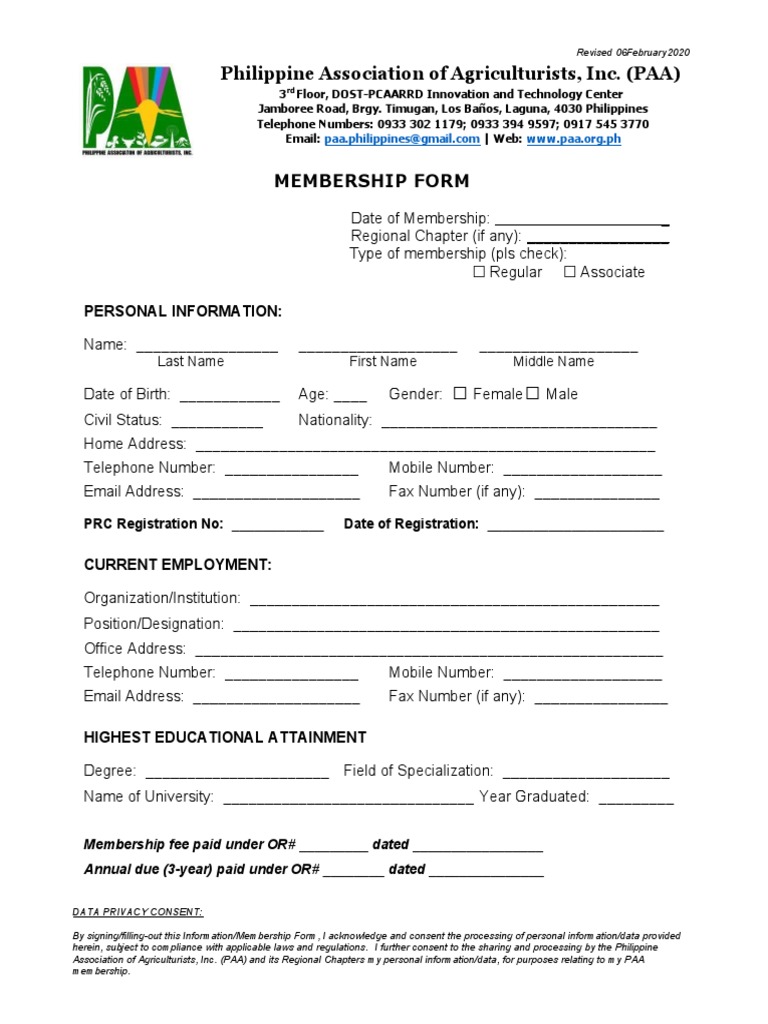 PAA Membership Registration Form | PDF | Policy | Privacy