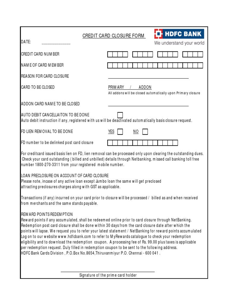 HDFC Credit Card Closure Request Form | PDF