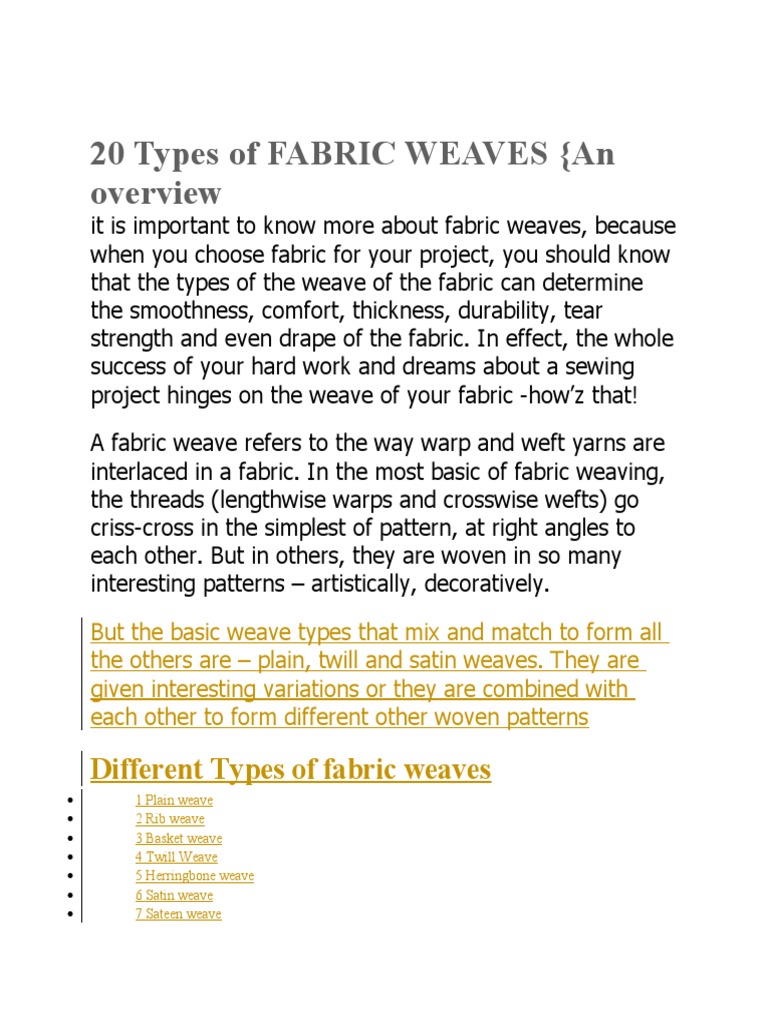 20 Types of FABRIC WEAVES PDF Weaving Loom