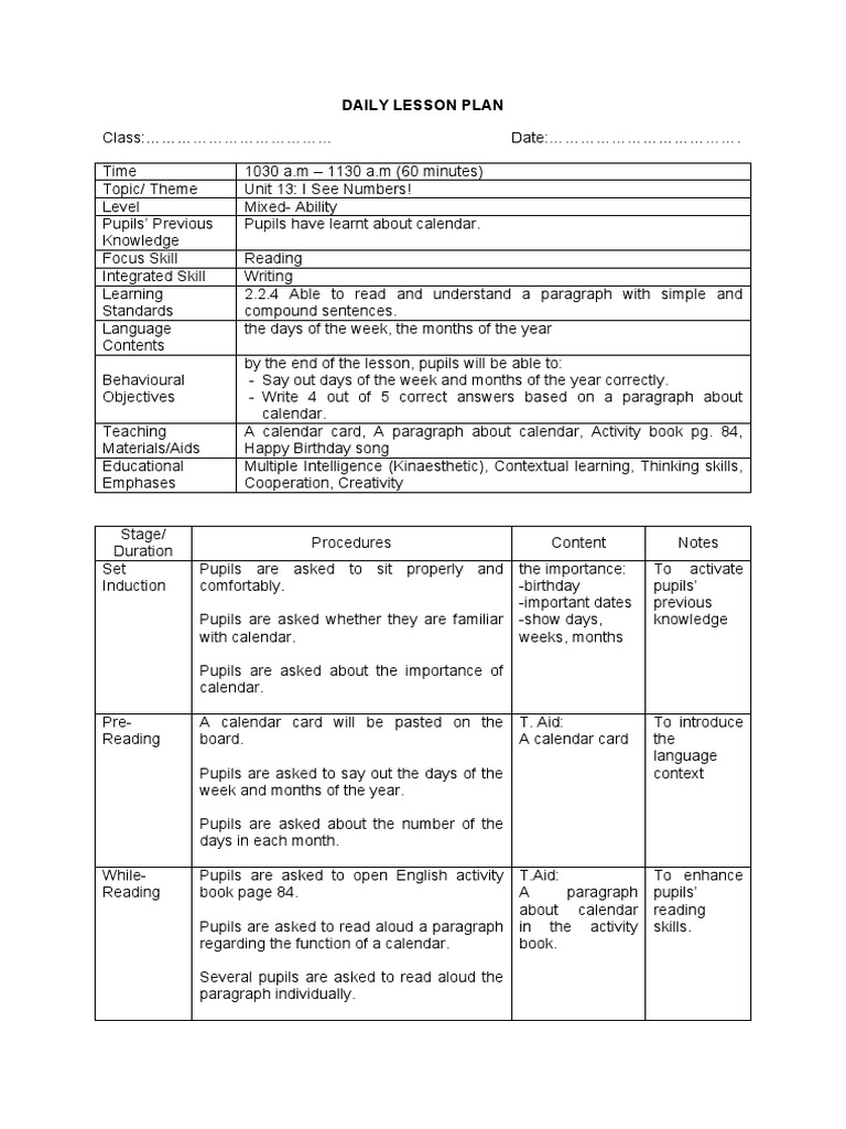 Daily Lesson Plan: Calendar Skills | PDF | Lesson Plan | Pedagogy