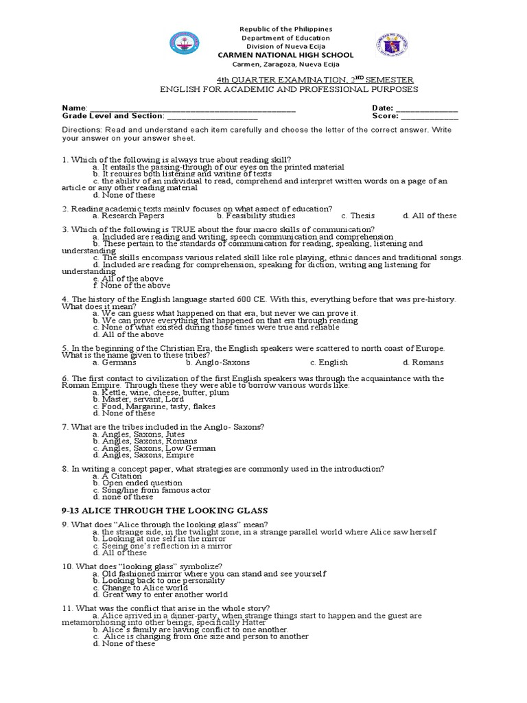 4th Quarter Examination for English for Academic and Professional