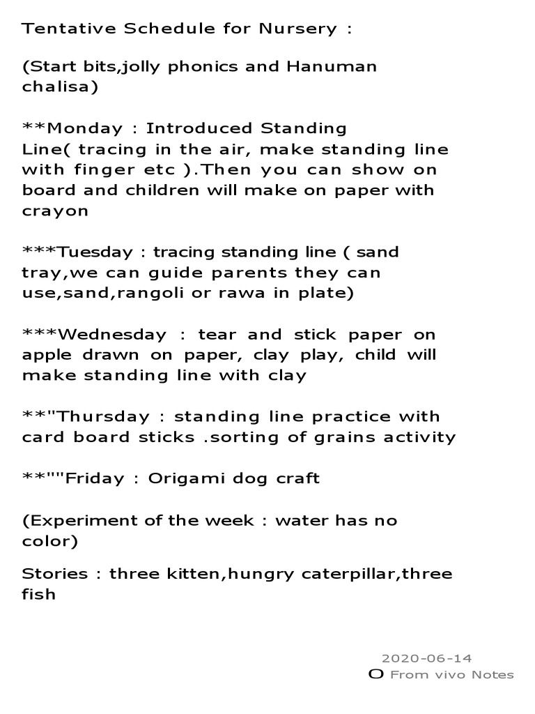 Nursery Weekly Activity Schedule | PDF