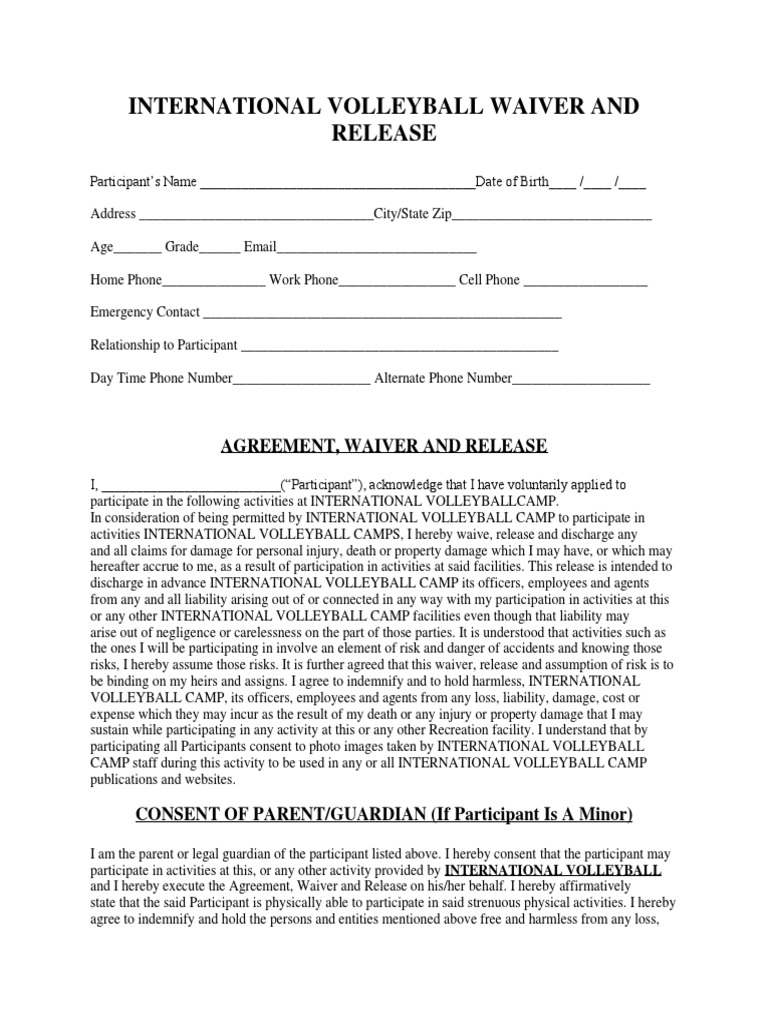 Volleyball Waiver and Release Form | PDF | Indemnity | Consent
