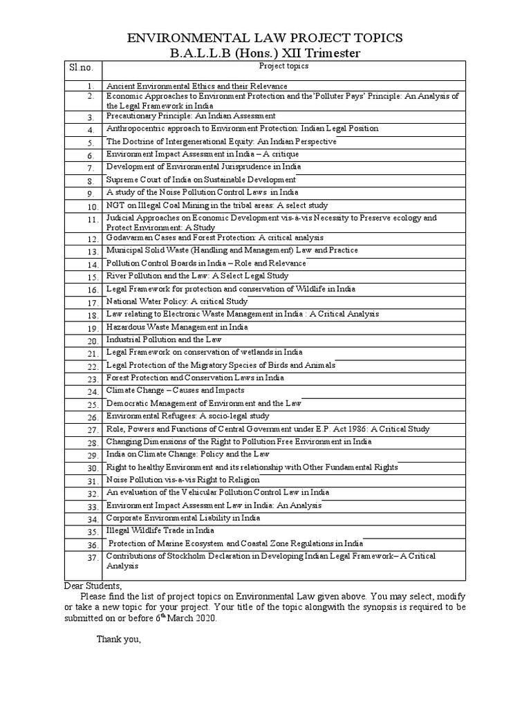 Environmental Law Project Topics List | PDF | Environmental Law ...