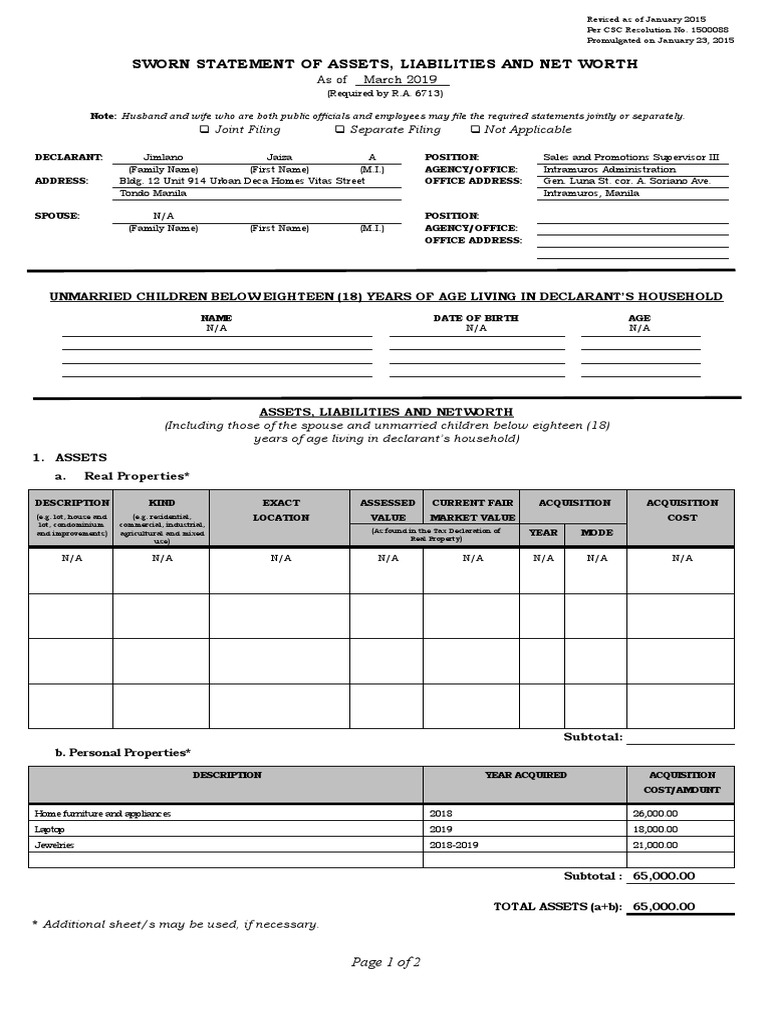 Revised SALN Form 2015 Template | PDF | Economies | Government