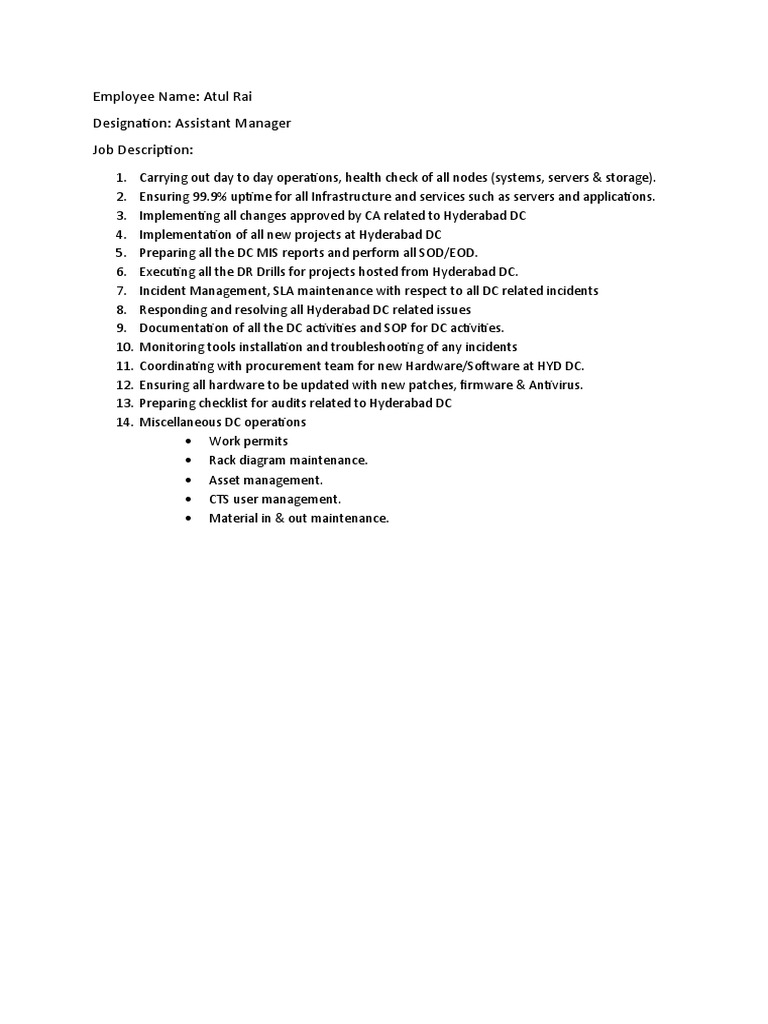 Employee Name: Atul Rai Designation: Assistant Manager Job Description ...
