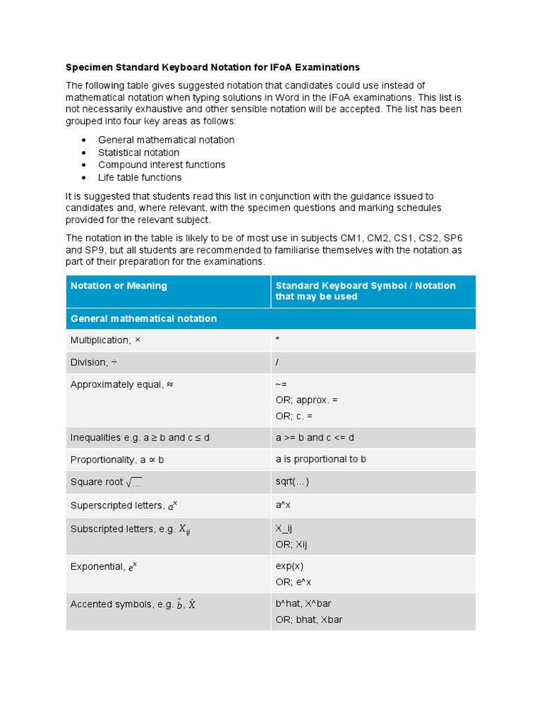 IFoA Keyboard Notation Guide | PDF | Summation | Degrees Of Freedom ...