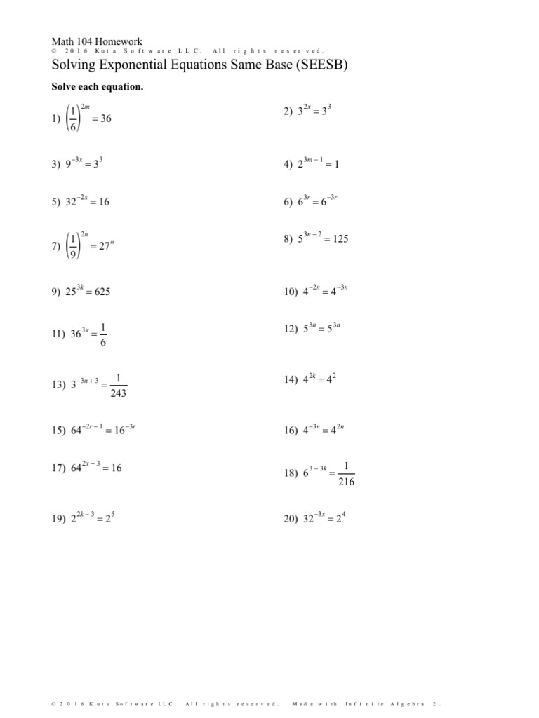 Solving  Exponential Equations Same Base SEESB  PDF  Equations Intended For  Solving Exponential Equations Worksheet