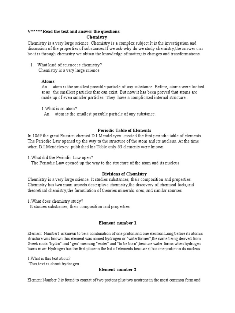 V Read The Text and Answer The Questions: Chemistry | PDF | Atoms ...