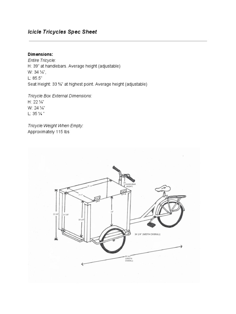 Icicle Tricycles Spec Sheet Dimensions PDF