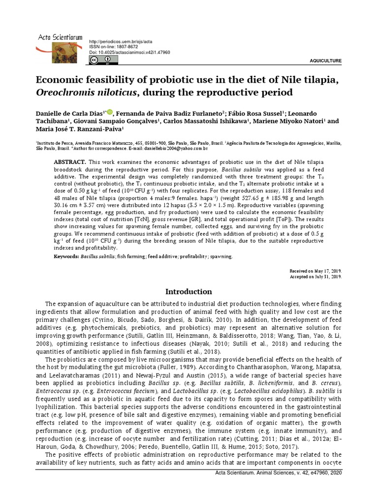Economic Feasibility of Probiotic Use in The Diet of Nile Tilapia | PDF ...