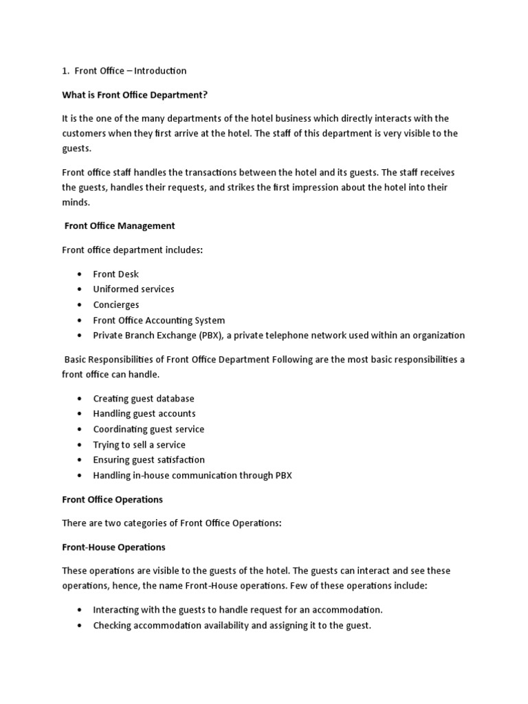 What Is Front Office Department? PDF Service Industries Business