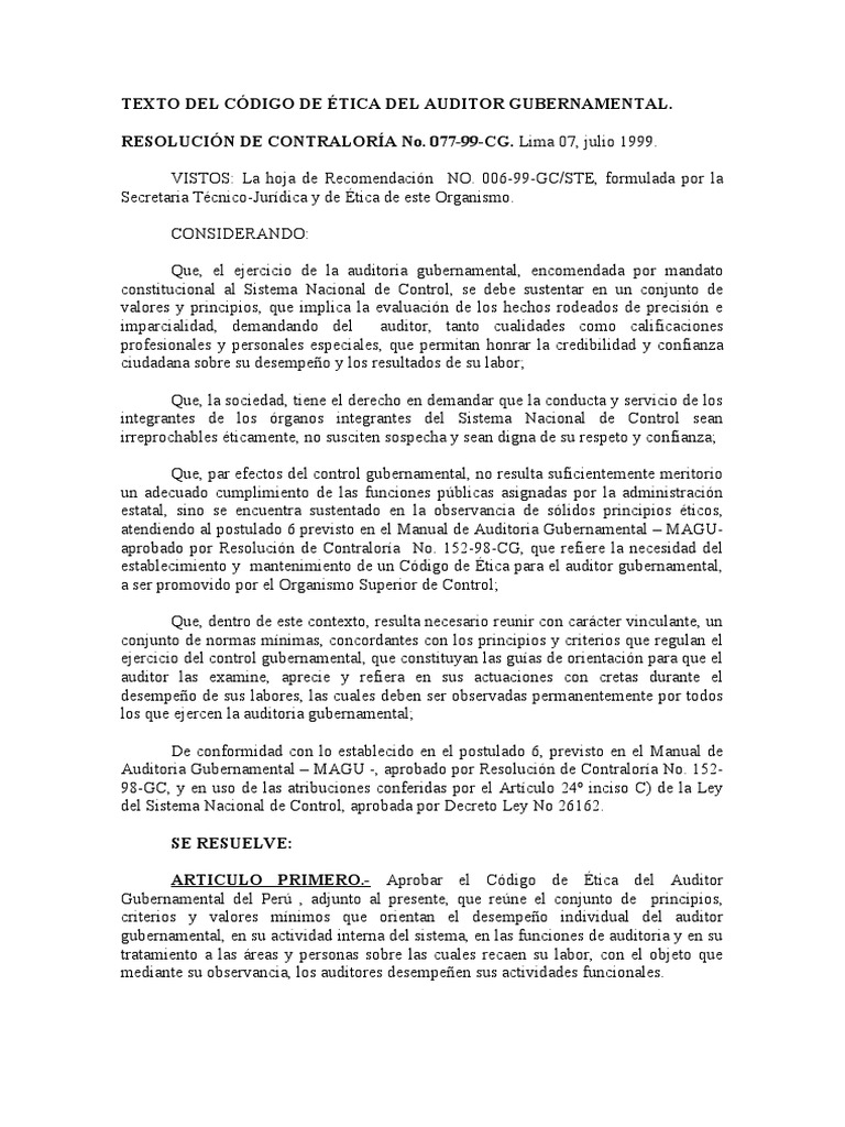 Código de Ética del Auditor Gubernamental | PDF | Auditoría | Contralor