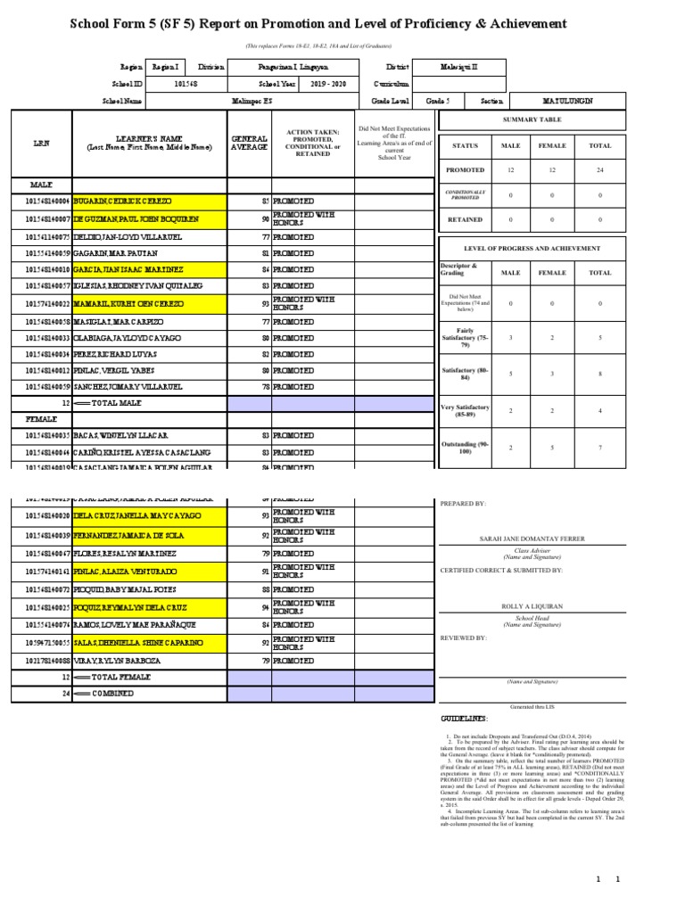 Grade 5 Promotion Report 2019-2020 | PDF | Teaching | Education Theory