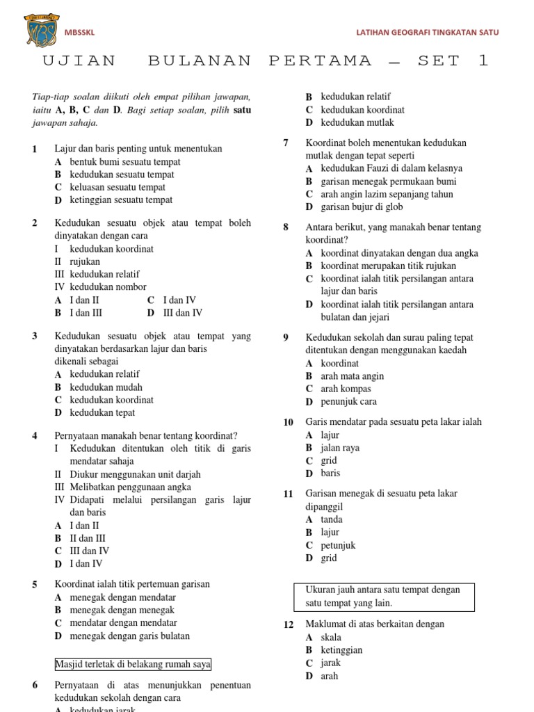 LATIHAN GEOGRAFI TINGKATAN 1