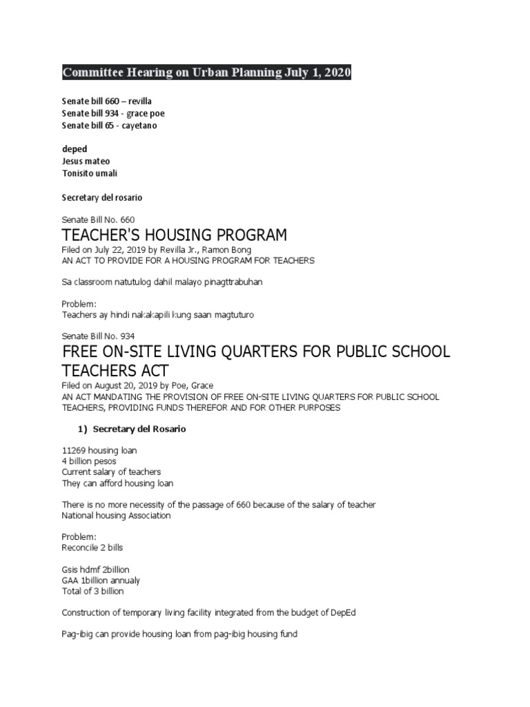 Senate Bills on Teacher Housing Solutions | PDF