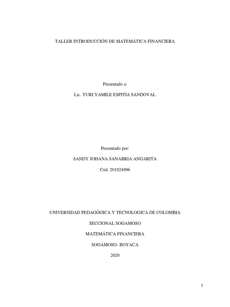 Taller Introduccion A La Matemática Financiera PDF | PDF | Interés ...