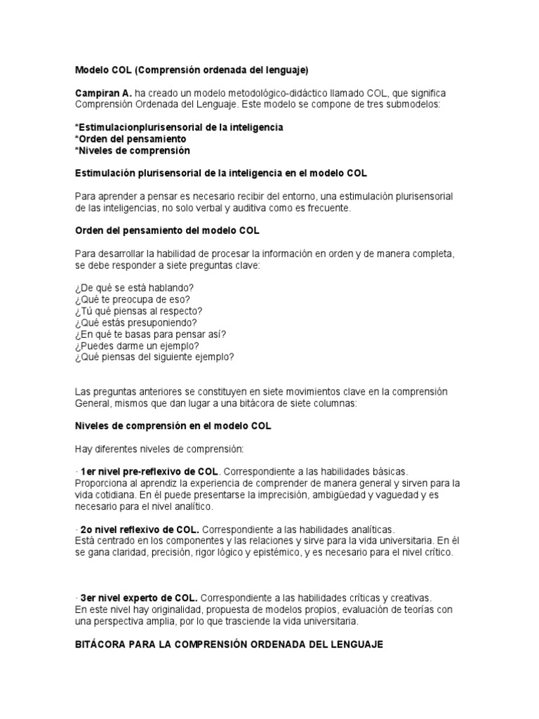 Modelo COL Comprension Ordenada Del Leng | PDF | Teoria de la mente ...